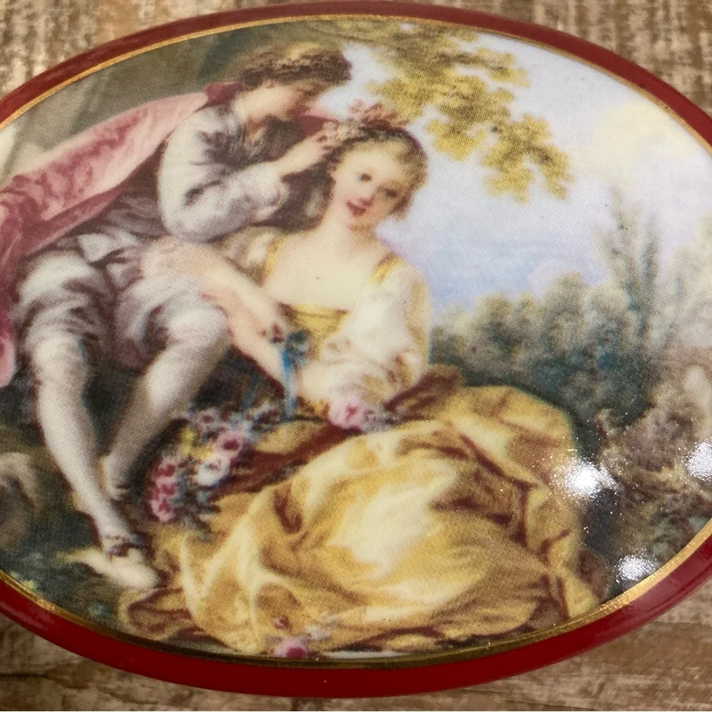 Limoges China Trinket Box with Rococo Couple – Red & Gold Oval Shaped